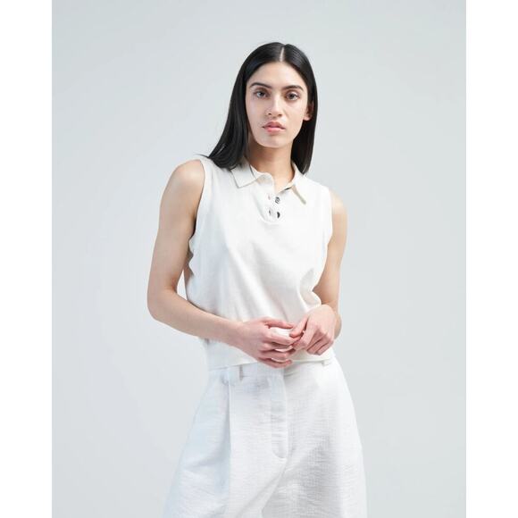 DEMY LEE New York Ayana Button up sleeveless Polo Top Size Small Ivory - Picture 2 of 7